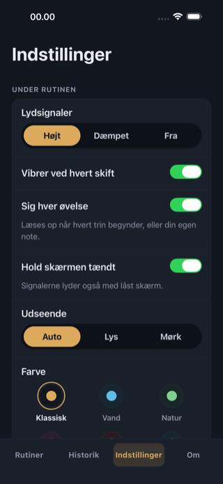 Indstillinger — Timer: Workouts & Intervals