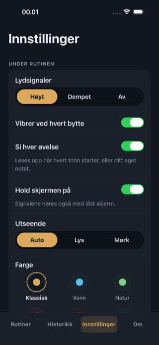 Innstillinger — Timer: Workouts & Intervals