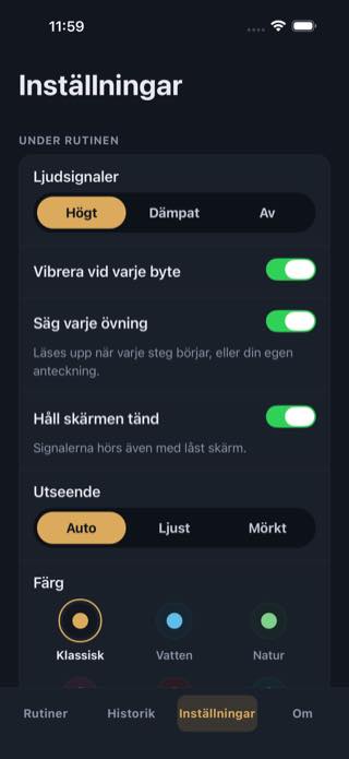 Inställningar — Timer: Workouts & Intervals
